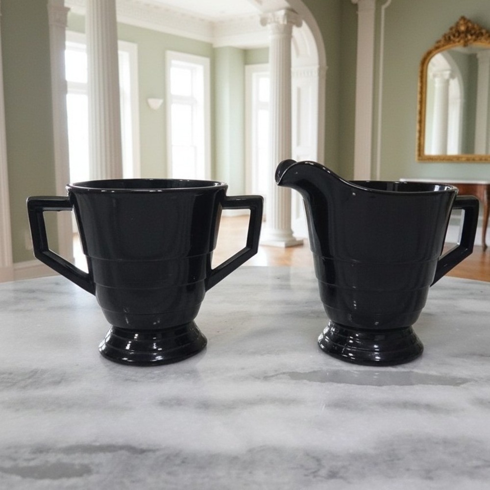Art Deco Revival Black Glass Creamer & Sugar, Geometric Stepped Base Tableware